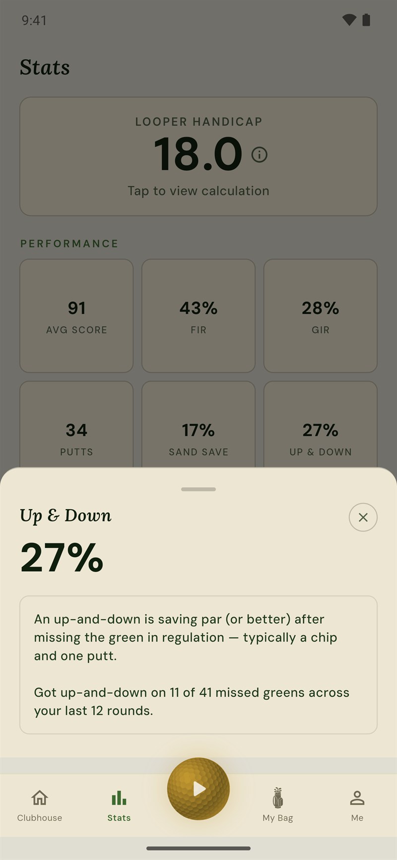 Looper stats screen showing how the player's game is performing over time
